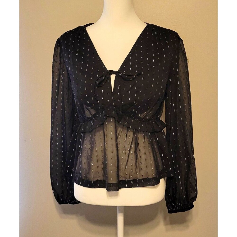 Old Navy Black Silver Sheer Chiffon V-Neck Puff Sleeve Sz M Peplum Tie Blouse